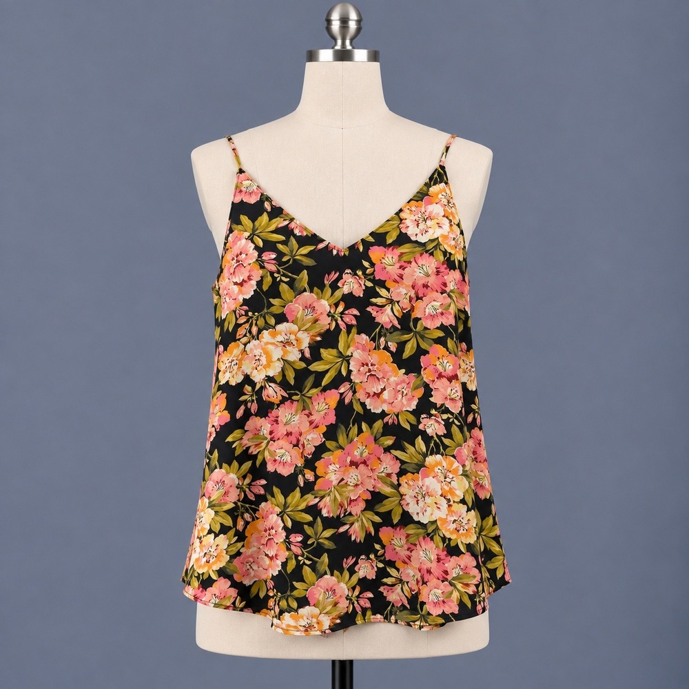 LOFT Tank Top Women's S Black Pink Floral V Neck Racerback Cami Sleeveless